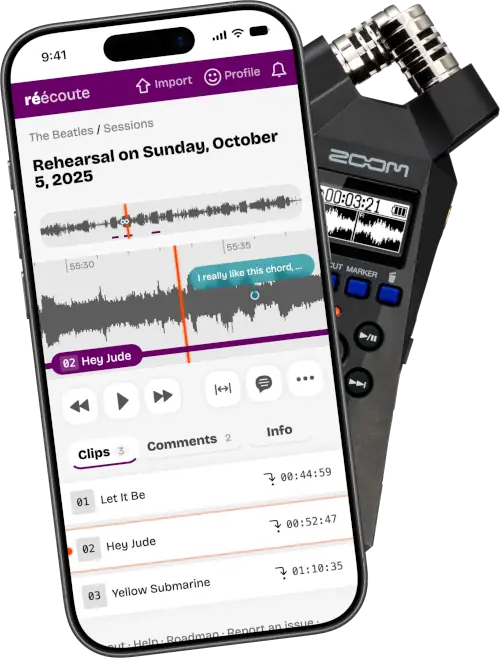 An iPhone displaying the Réécoute app, along with a handheld audio recorder in the background